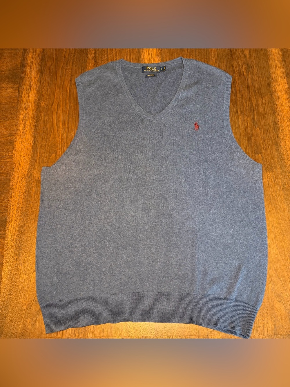 Polo Ralph Lauren Mens L Blue Pima Cotton Knit V-Neck Sweater Vest Sleeveless